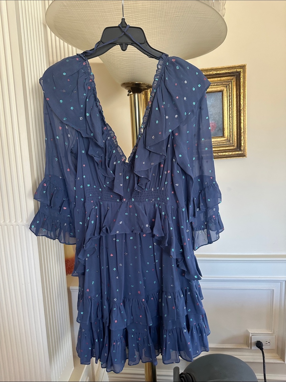 Rebecca Taylor Navy Ruffle V-Neck Tiered Floral Dress
